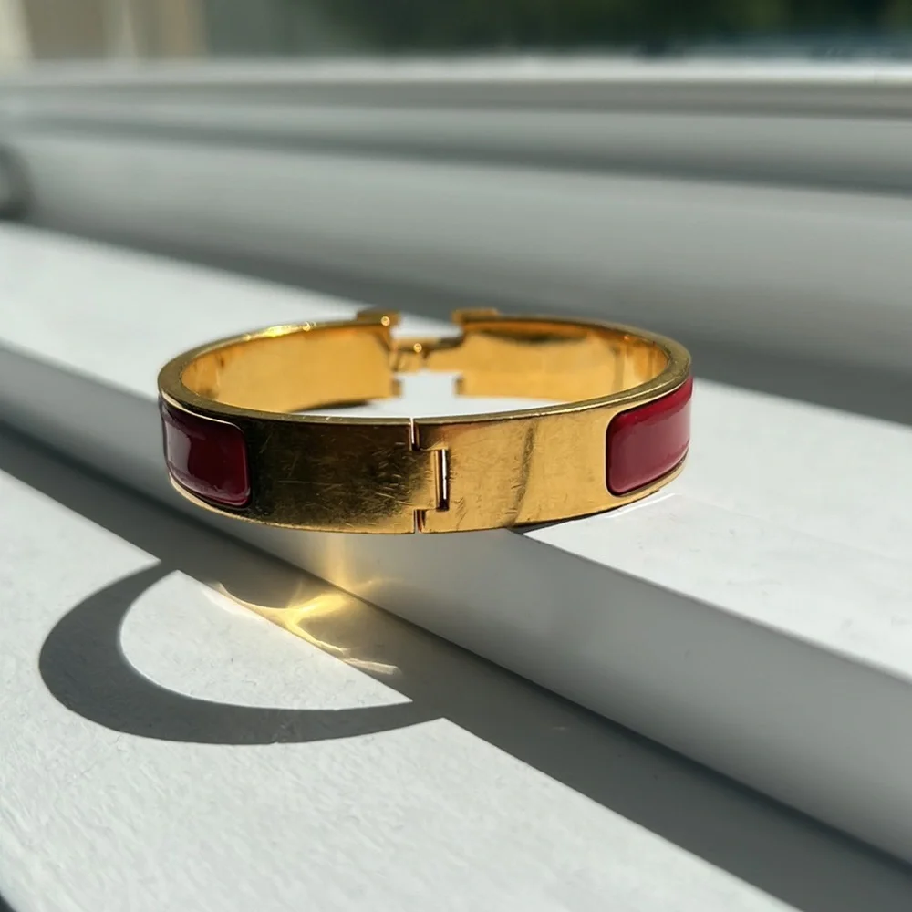 Hermes red enamel & gold H bangle bracelet set with green cord bracelet
